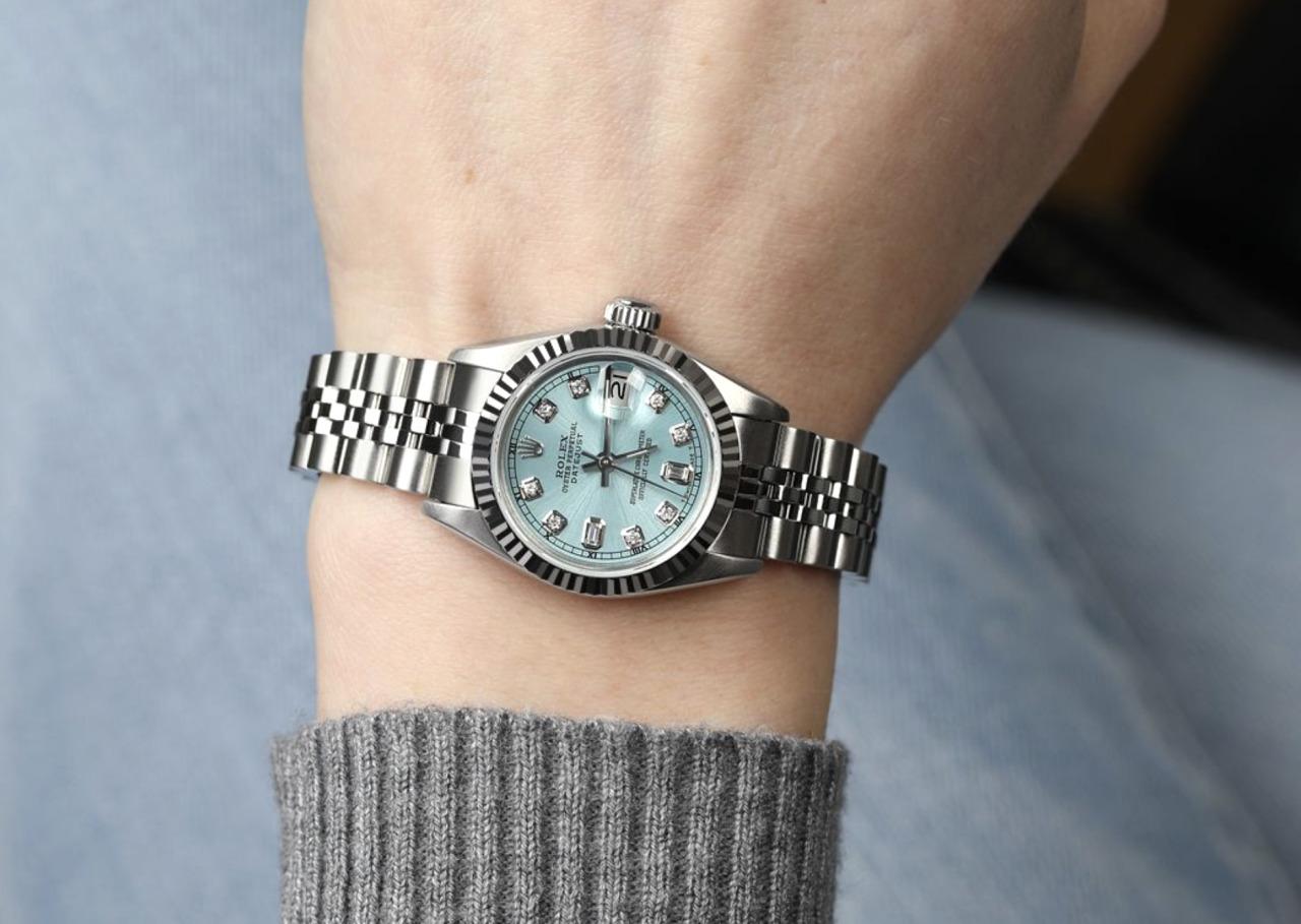 Round Cut Rolex Ladies Datejust Stainless Steel Ice Blue Dial with Diamonds Watch 69160 For Sale