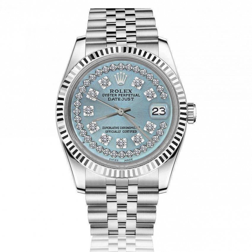 Taille ronde Rolex Montre Datejust en acier inoxydable avec cadran à corde bleu glace et diamants, pour femmes en vente