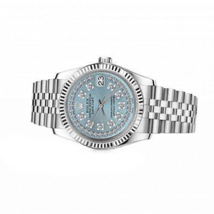 Rolex Montre Datejust en acier inoxydable avec cadran à corde bleu glace et diamants, pour femmes Excellent état - En vente à New York, NY