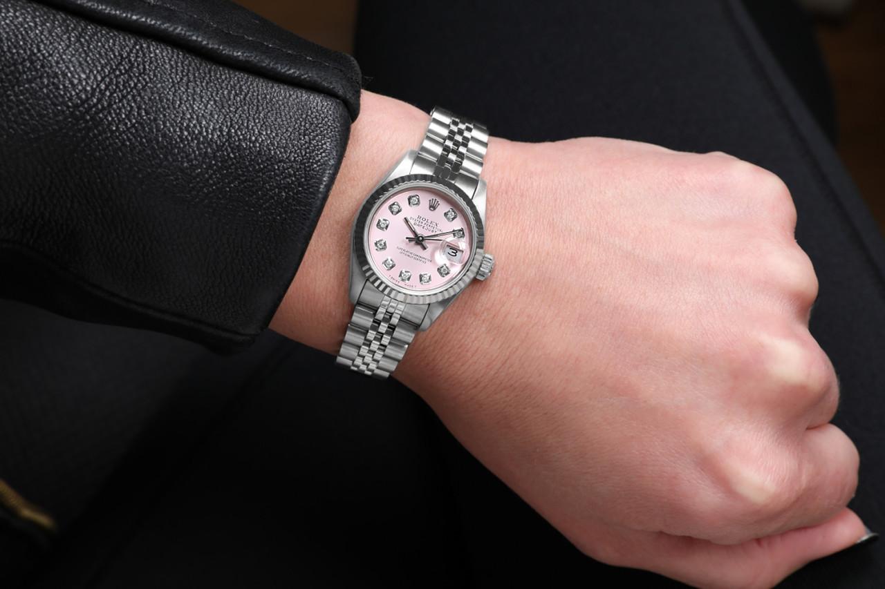 Rolex Ladies Datejust Stainless Steel Metallic Pink Diamond Dial Watch 69174 For Sale 2