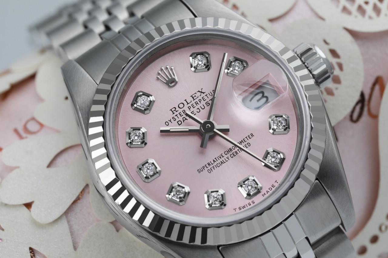 Taille ronde Rolex Montre Datejust en acier inoxydable avec cadran en diamant rose métallisé, pour femmes 69174 en vente
