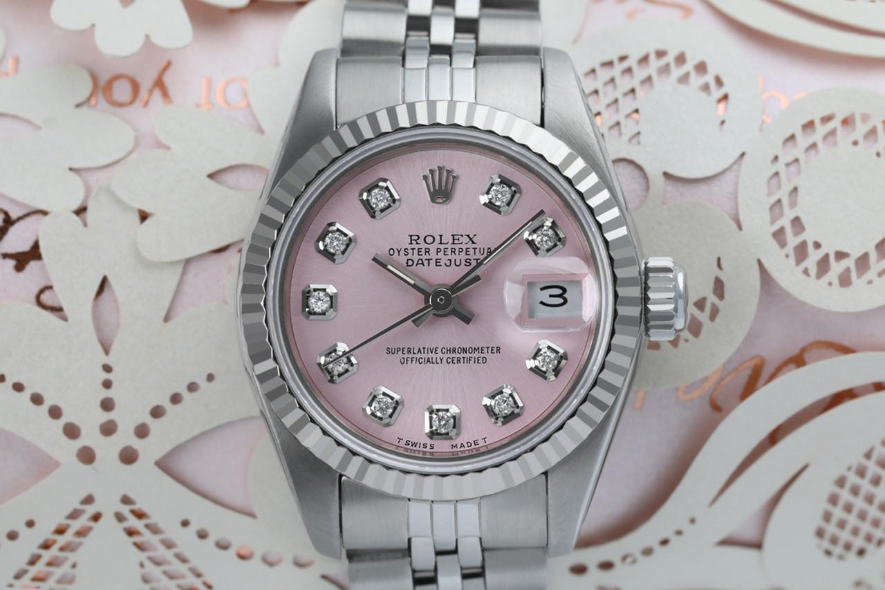 Rolex Damen Datejust Edelstahl Metallic Rosa Diamant-Zifferblatt 69174 im Zustand „Hervorragend“ im Angebot in New York, NY