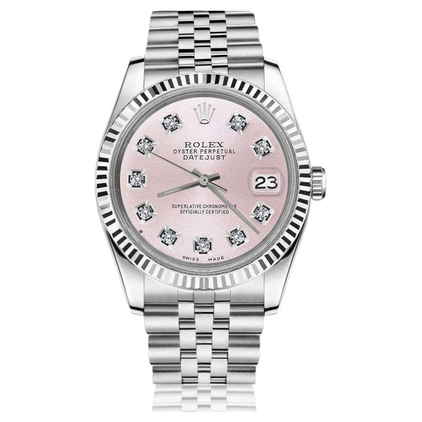 Rolex Ladies Datejust Stainless Steel Metallic Pink Diamond Dial Watch 69174 For Sale