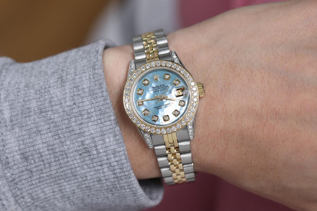 Round Cut Rolex Ladies Datejust Two Tone Diamond Bezel & Lugs Baby Blue MOP Watch For Sale