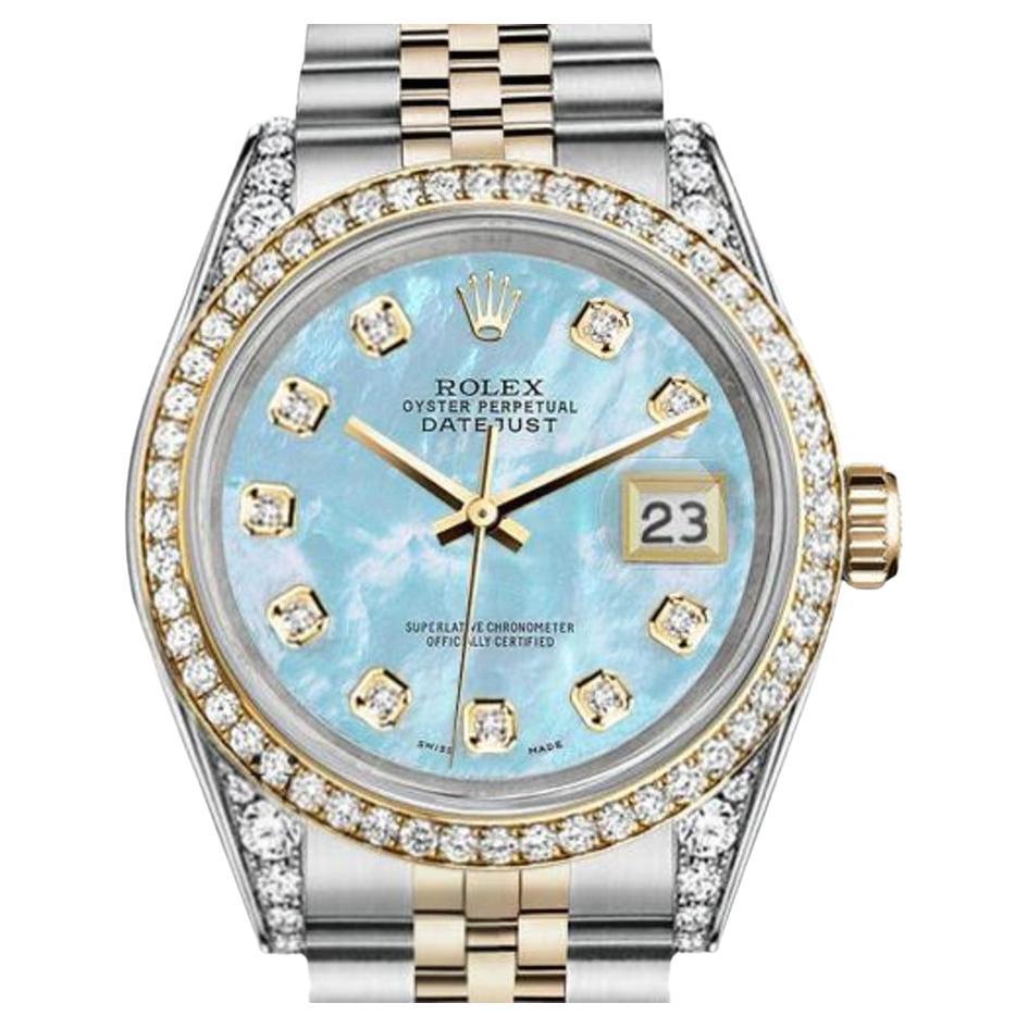 Rolex Ladies Datejust zwei Ton Diamant Lünette & Lugs Baby Blue MOP Uhr im Angebot