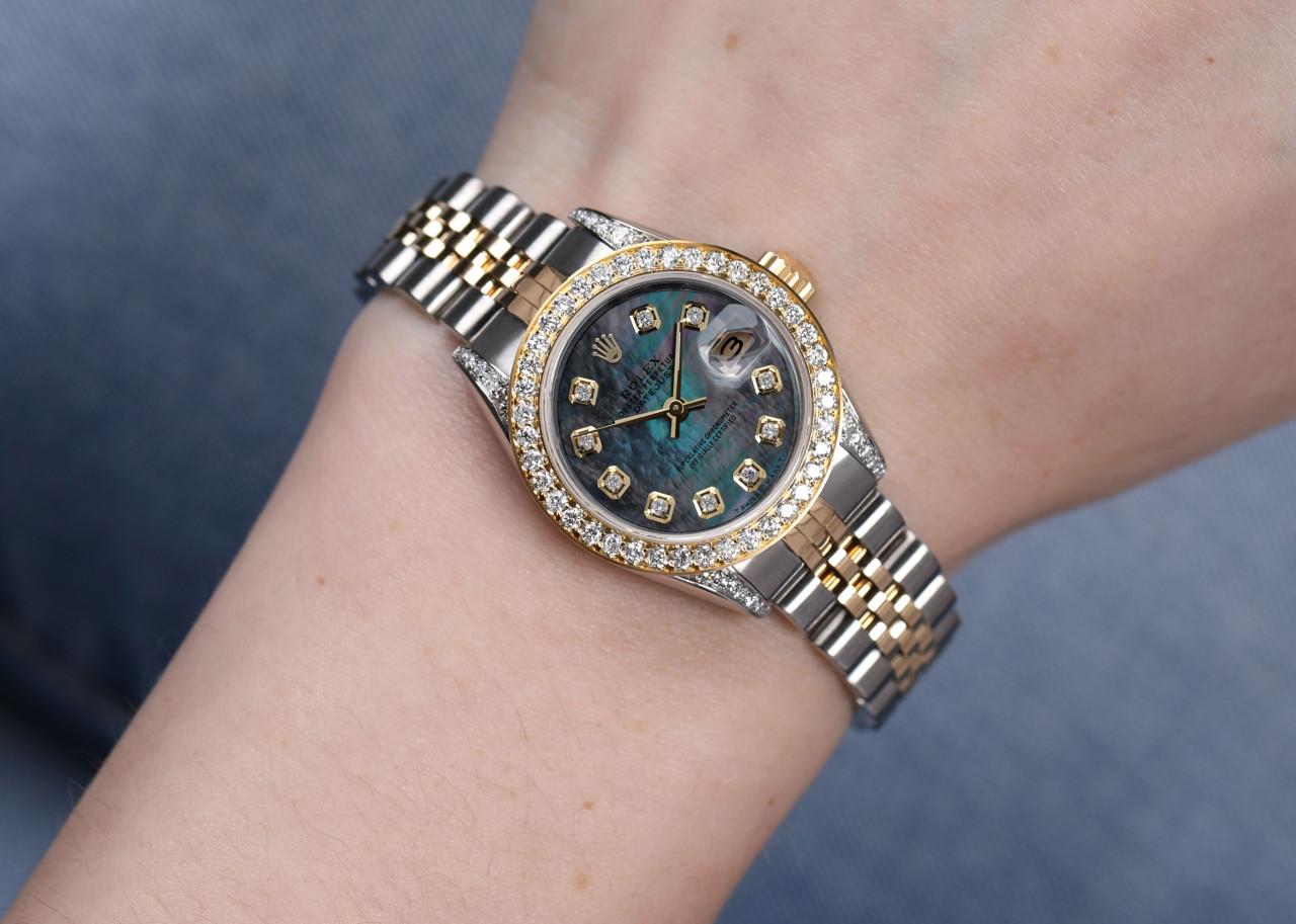 Rolex Montre Datejust en or bicolore avec lunette et cornes en diamants noirs, pour femmes 69173 Pour femmes en vente