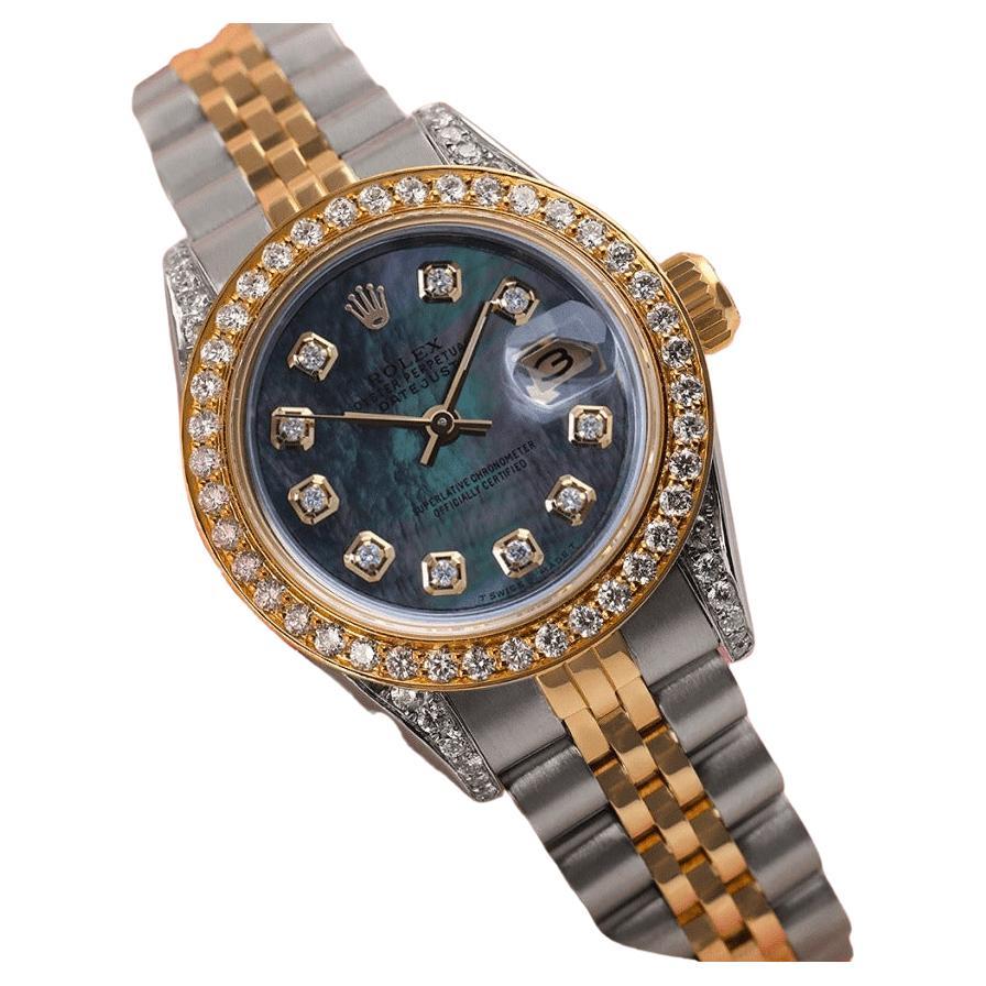 Rolex Señoras Datejust Bisel de Diamantes de Dos Tonos y Tapones Negro MOP Reloj 69173