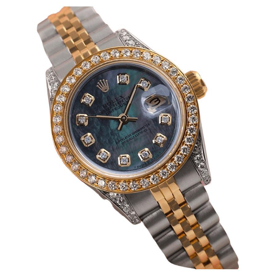 Rolex Montre Datejust en or bicolore avec lunette et cornes en diamants noirs, pour femmes 69173