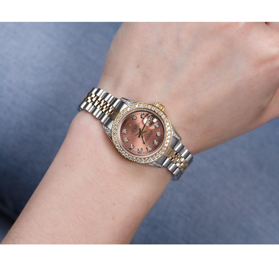Women's Rolex Ladies Datejust Two Tone Diamond Bezel & Lugs Salmon Dial Watch 69173 For Sale