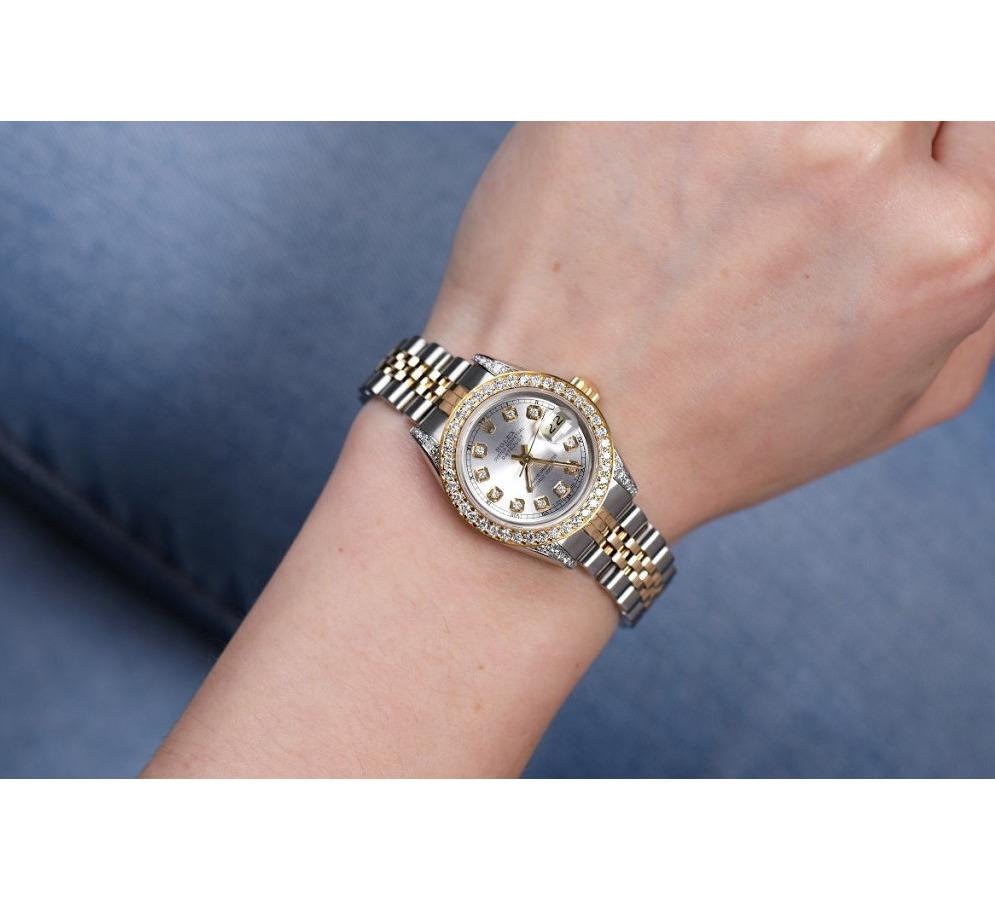 Round Cut Rolex Ladies Datejust Two Tone Diamond Bezel & Lugs Silver Dial Watch For Sale