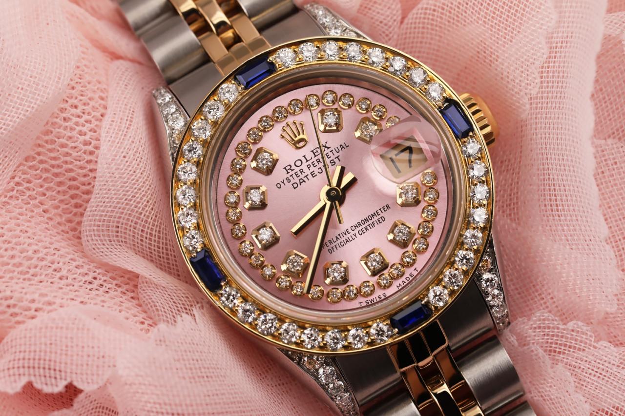 Rolex Ladies 26mm Datejust Two Tone Jubilee Pink String Diamond Dial Watch 69173 In Excellent Condition For Sale In New York, NY
