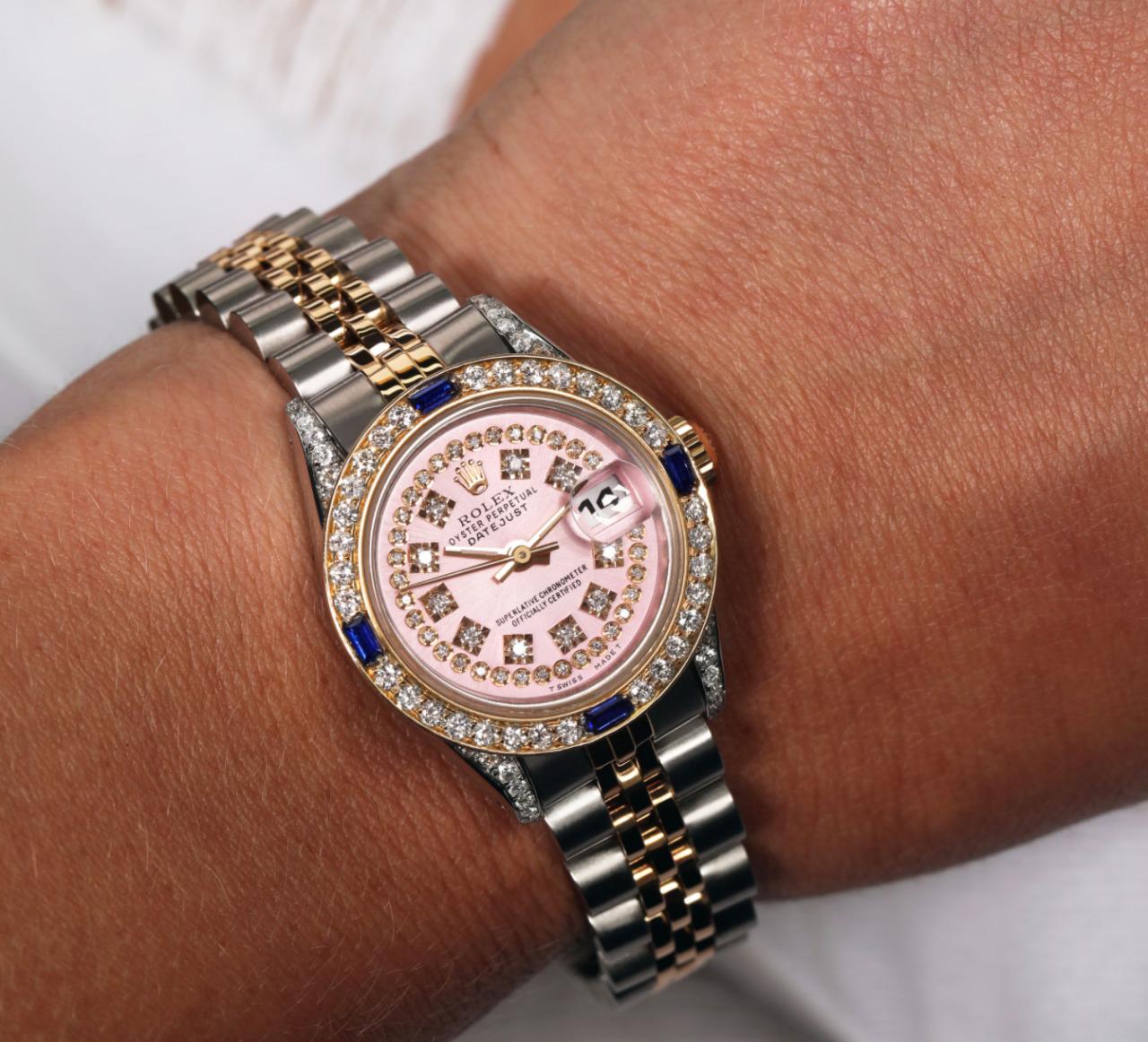 Women's Rolex Ladies 26mm Datejust Two Tone Jubilee Pink String Diamond Dial Watch 69173 For Sale