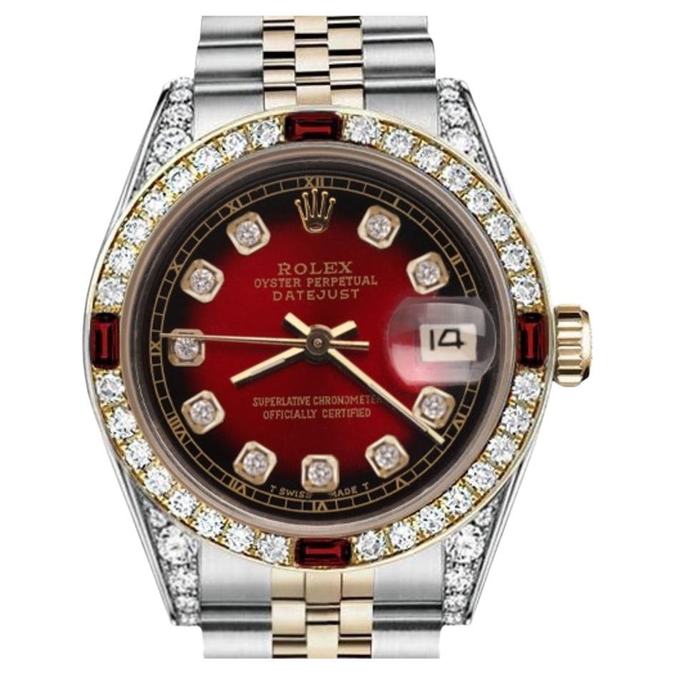 Rolex Ladies 26mm Datejust Two Tone Red Vignette Dial Diamond Accent Watch 69173 For Sale