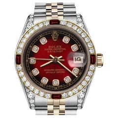 Vintage Rolex Ladies 26mm Datejust Two Tone Red Vignette Dial Diamond Accent Watch 69173