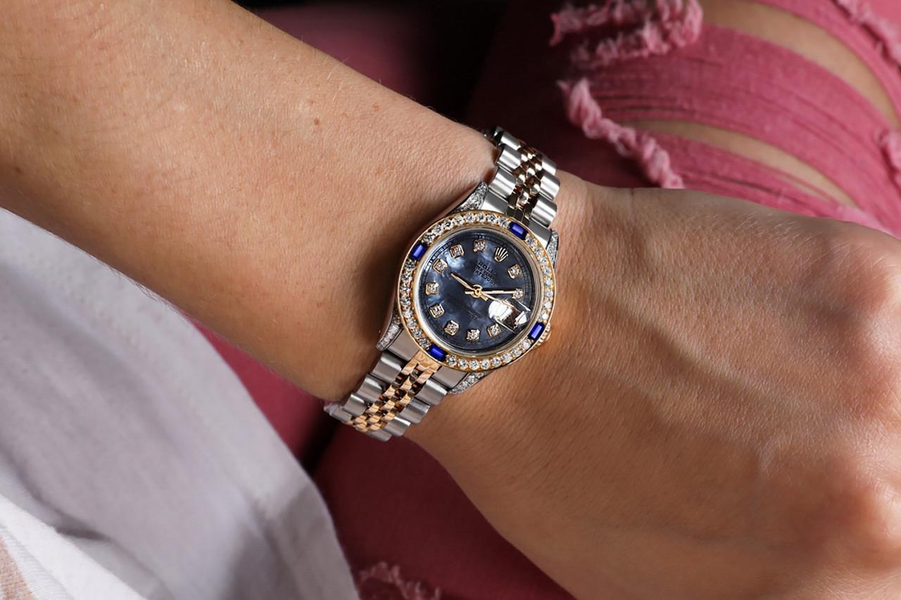 Round Cut Rolex Ladies 26mm Datejust Two Tone Jubilee Tahitian MOP Diamond Dial Watch For Sale