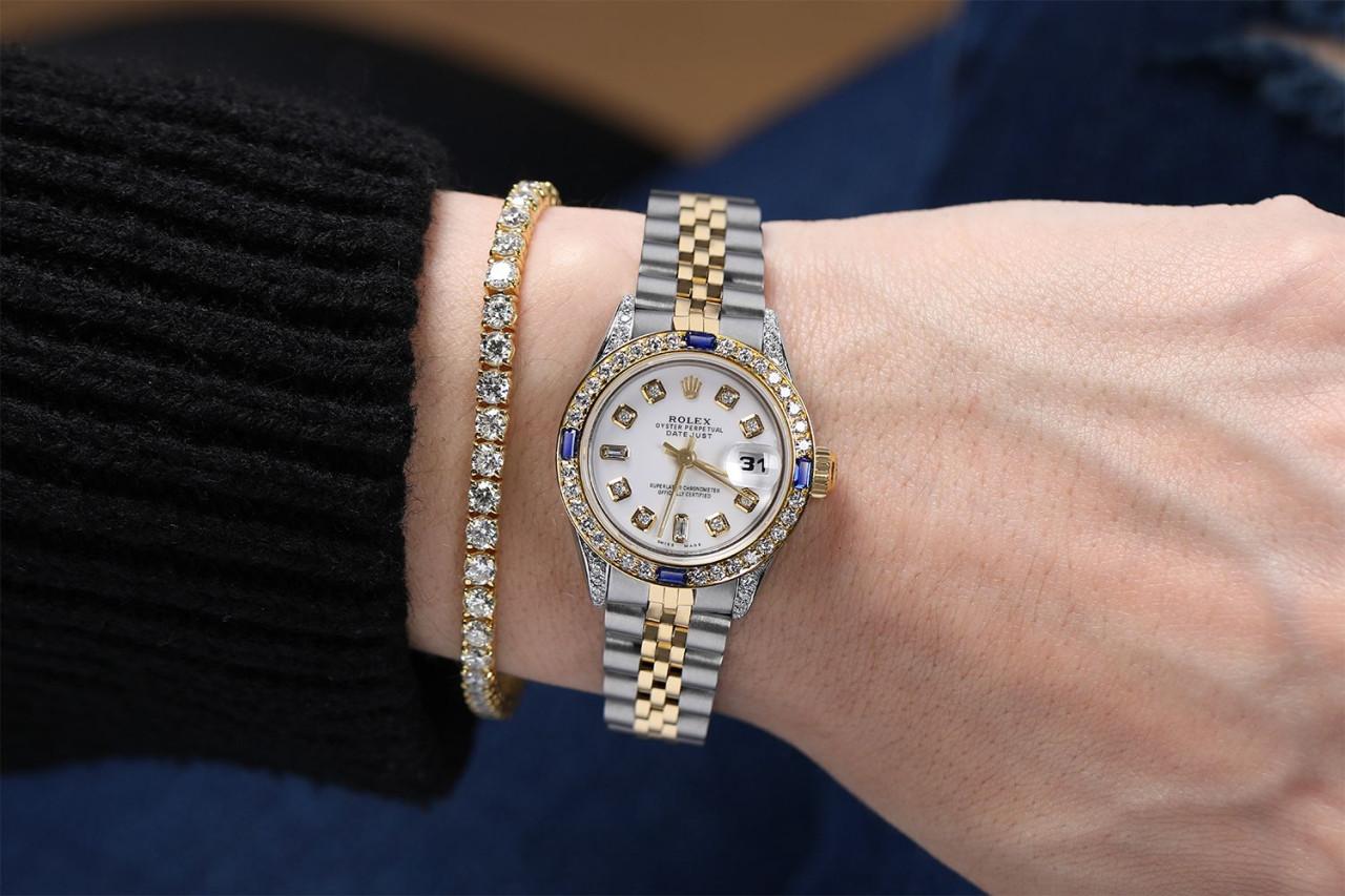 Round Cut Rolex Ladies Datejust Two Tone Jubilee White Dial 8 + 2 Diamond Watch 69173 For Sale