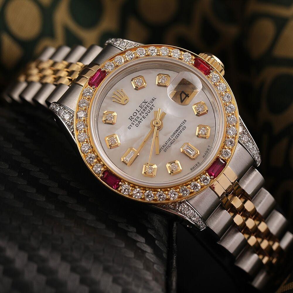 Round Cut Rolex Ladies 26mm Datejust Two Tone Jubilee White MOP  8+2 Diamond Accent Watch For Sale