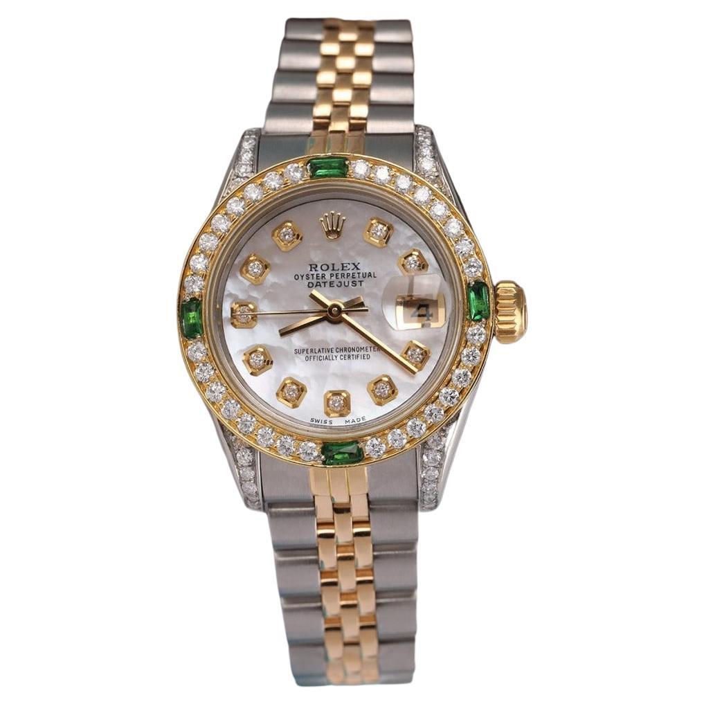 Rolex Damen 26mm Datejust Zweifarbige Jubiläums-Uhr mit weißem MOP Zifferblatt und Diamant-Lünette im Angebot