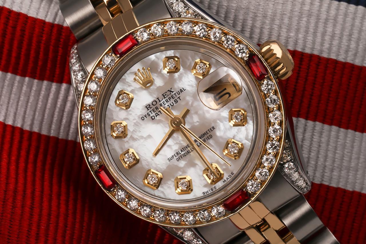 Round Cut Rolex Ladies Datejust Two Tone Jubilee White MOP Dial Diamond+ Rubies Watch For Sale