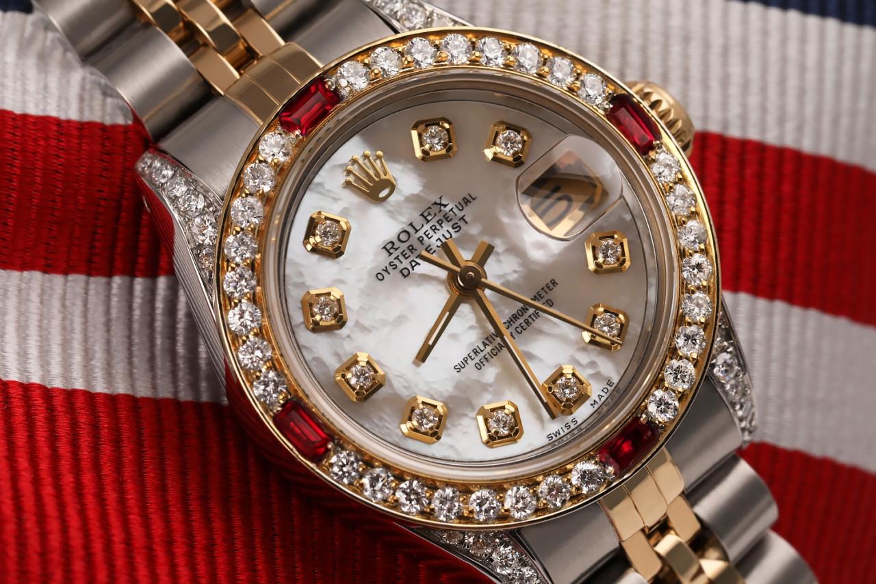 Rolex Ladies Datejust Two Tone Jubilee White MOP Dial Diamond+ Rubies Watch In Excellent Condition For Sale In New York, NY