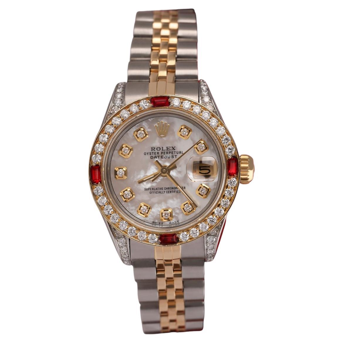 Rolex Montre Datejust bicolore avec cadran MOP blanc et diamants et rubis, pour femmes en vente