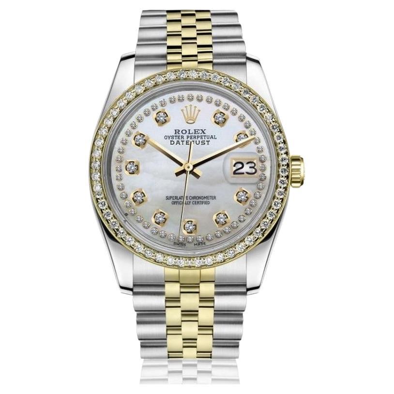 Rolex Ladies Datejust Vintage Diamond Bezel Two Tone White MOP String Watch For Sale