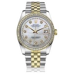 Damen 26 mm Datejust Vintage Diamant-Lünette zweifarbige weiße MOP String-Uhr