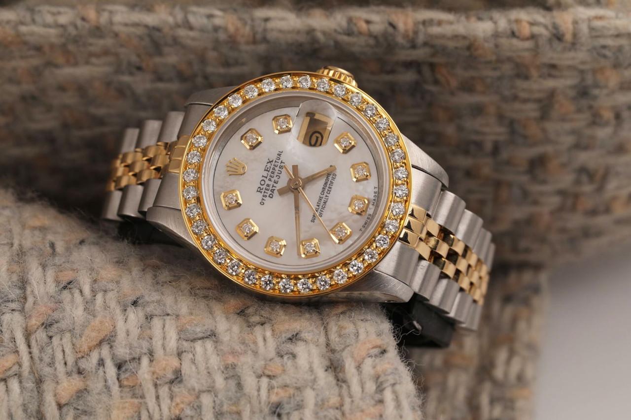 Taille ronde Rolex Montre Datejust 26 mm vintage bicolore avec lunette en diamants et or blanc, pour femmes en vente