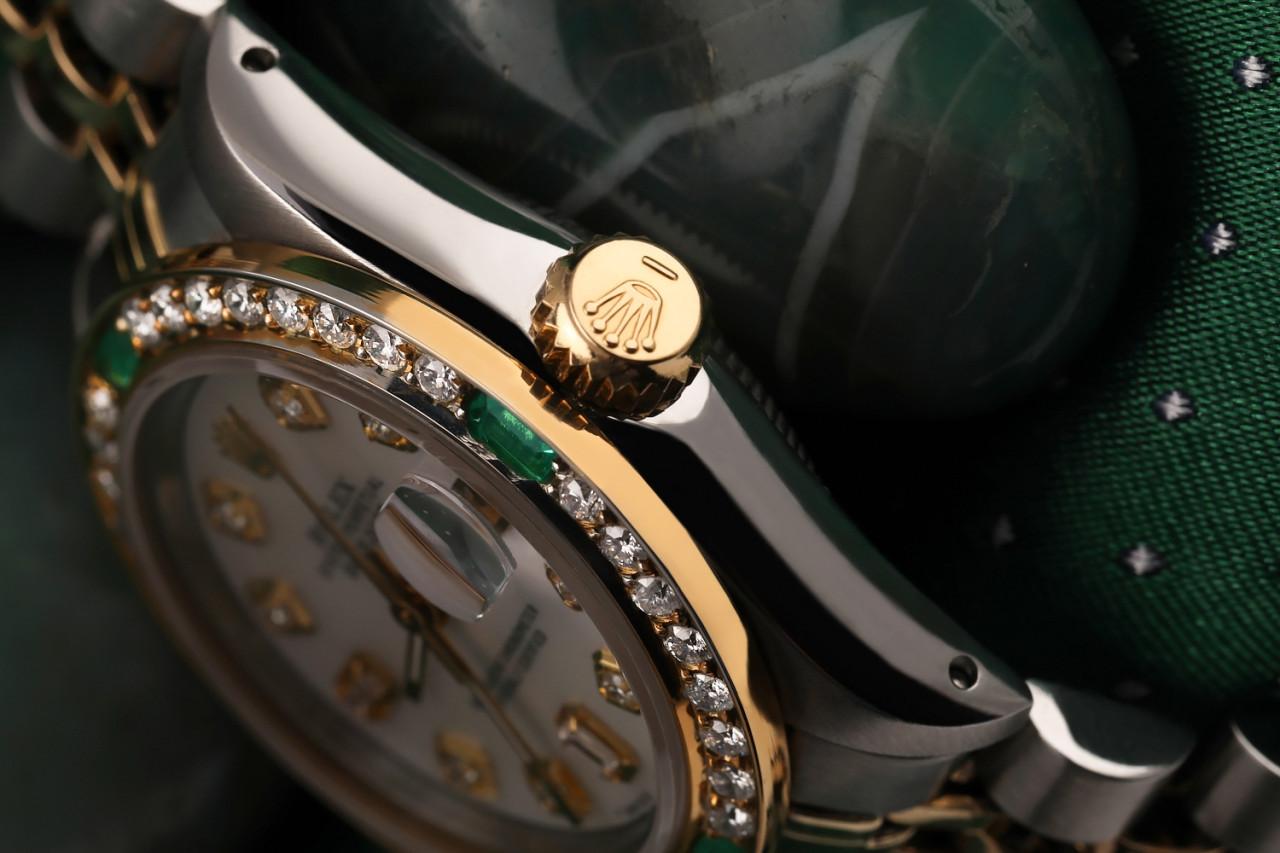 Round Cut Rolex Ladies Datejust Vintage Diamond Bezel Two Tone White MOP Watch For Sale