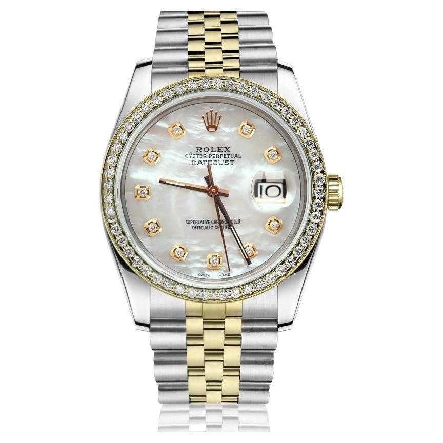 Rolex Ladies Datejust Vintage Diamond Bezel Two Tone White MOP Watch For Sale