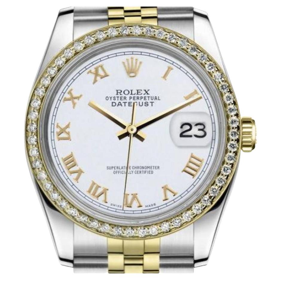 Rolex Montre Datejust vintage en chiffres romains blancs avec lunette en diamants, pour femmes en vente