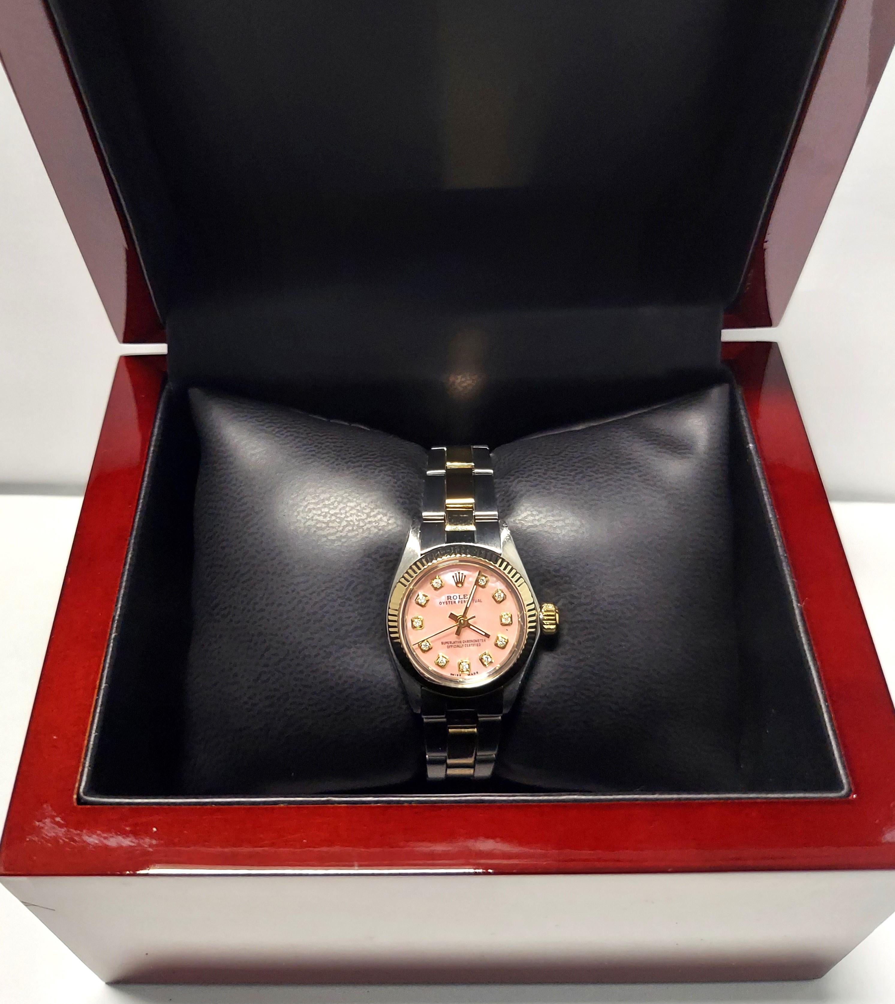 Rolex ladies 26mm Oyster perpetual 6719 Pink MOP Diamond  In Good Condition In San Fernando, CA