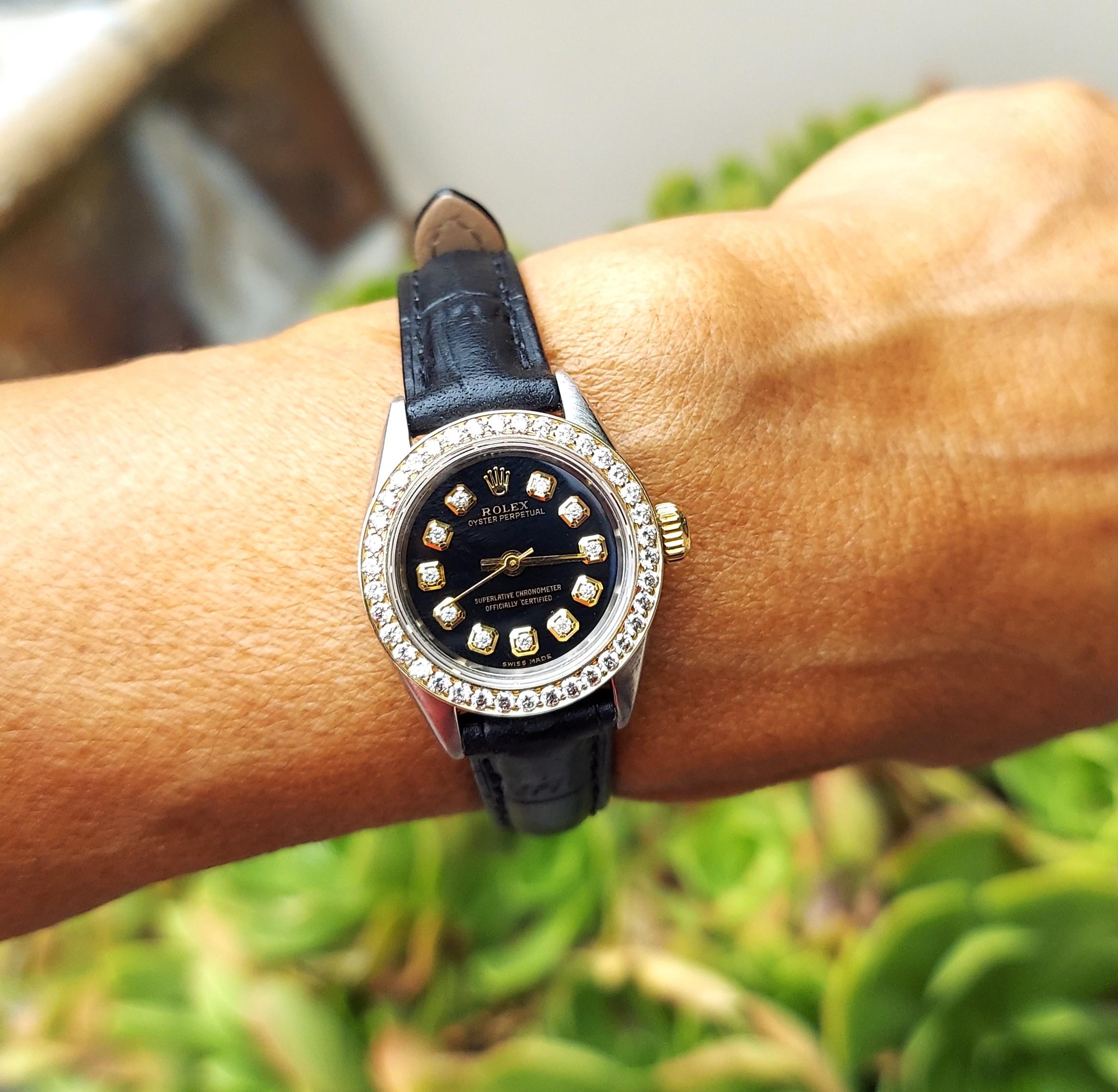 Rolex Oyster perpétuel 6724 diamants noirs sur cuir pour femmes 26 mm Bon état à San Fernando, CA