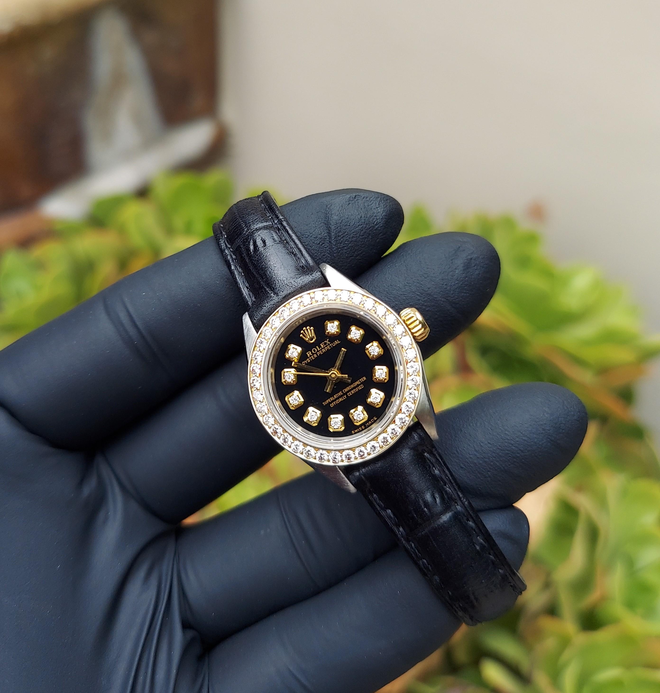 Rolex Damen 26 mm Oyster perpetual 6724 Schwarzer Diamant auf Leder  im Angebot 1