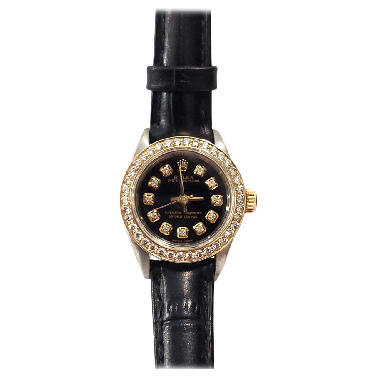 Rolex Damen 26 mm Oyster perpetual 6724 Schwarzer Diamant auf Leder