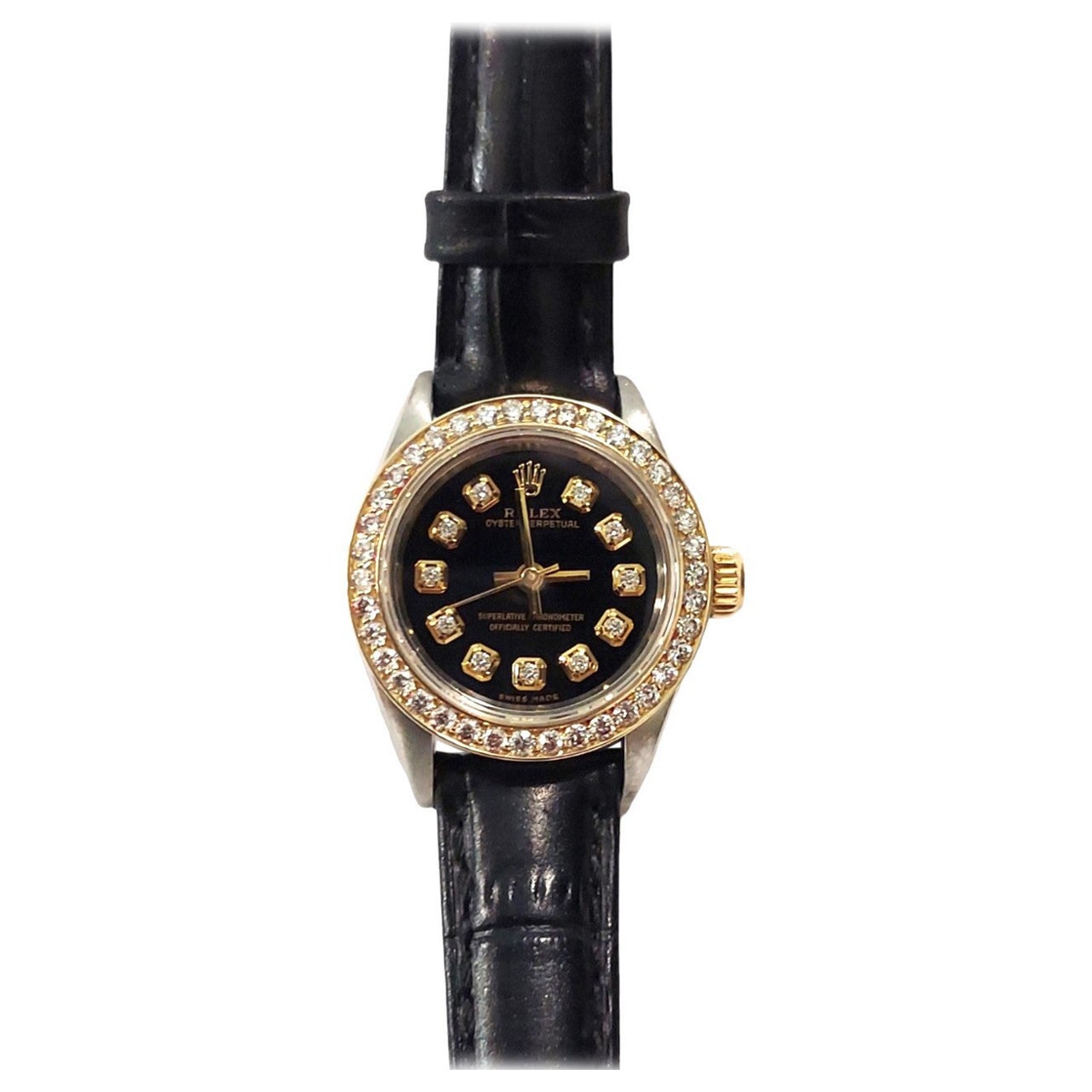 Rolex Damen 26 mm Oyster perpetual 6724 Schwarzer Diamant auf Leder  im Angebot