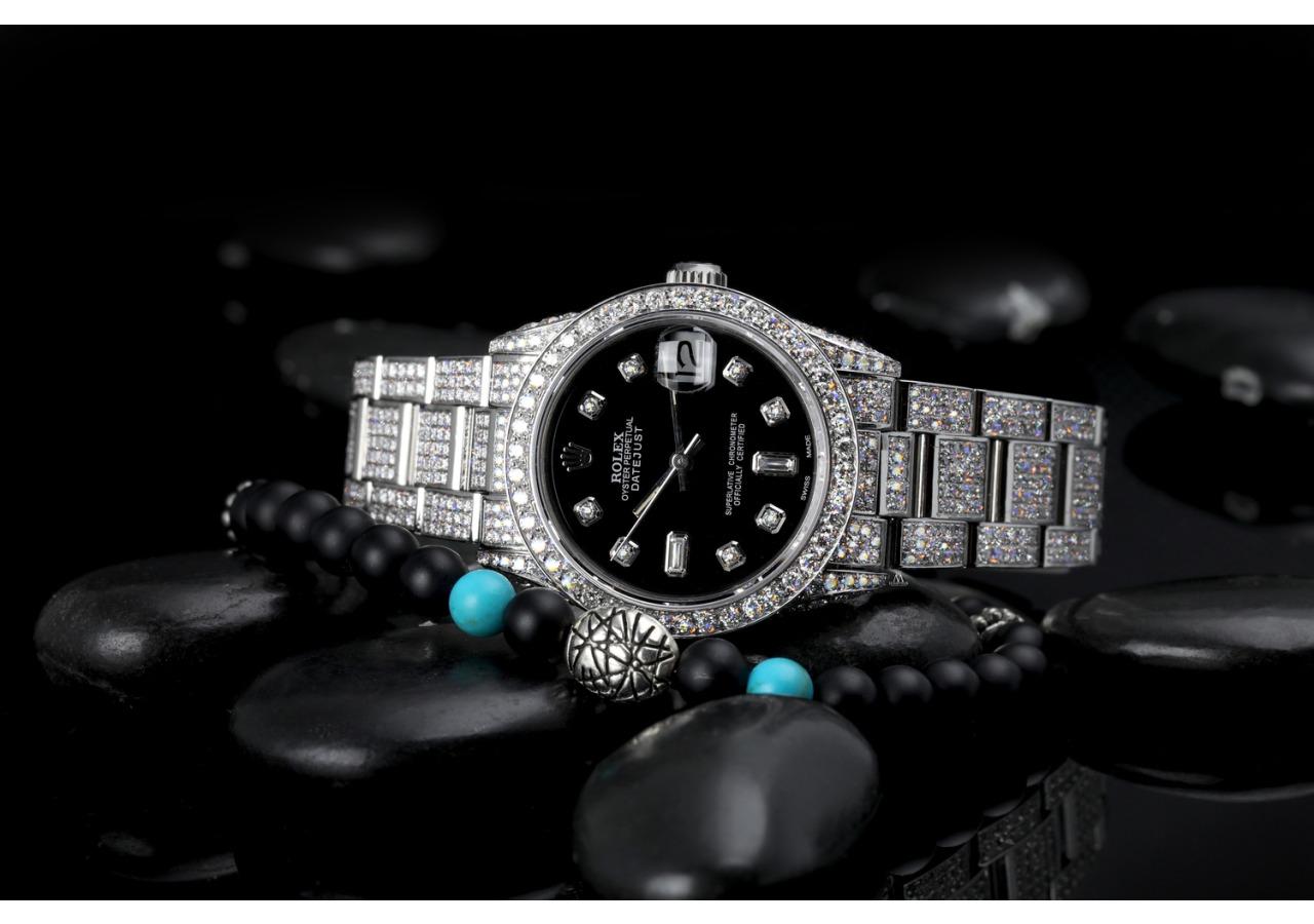 Damen Rolex 31mm Datejust SS Schwarz Baguette 8+2 Voll Diamanten angepasst Uhr 68274