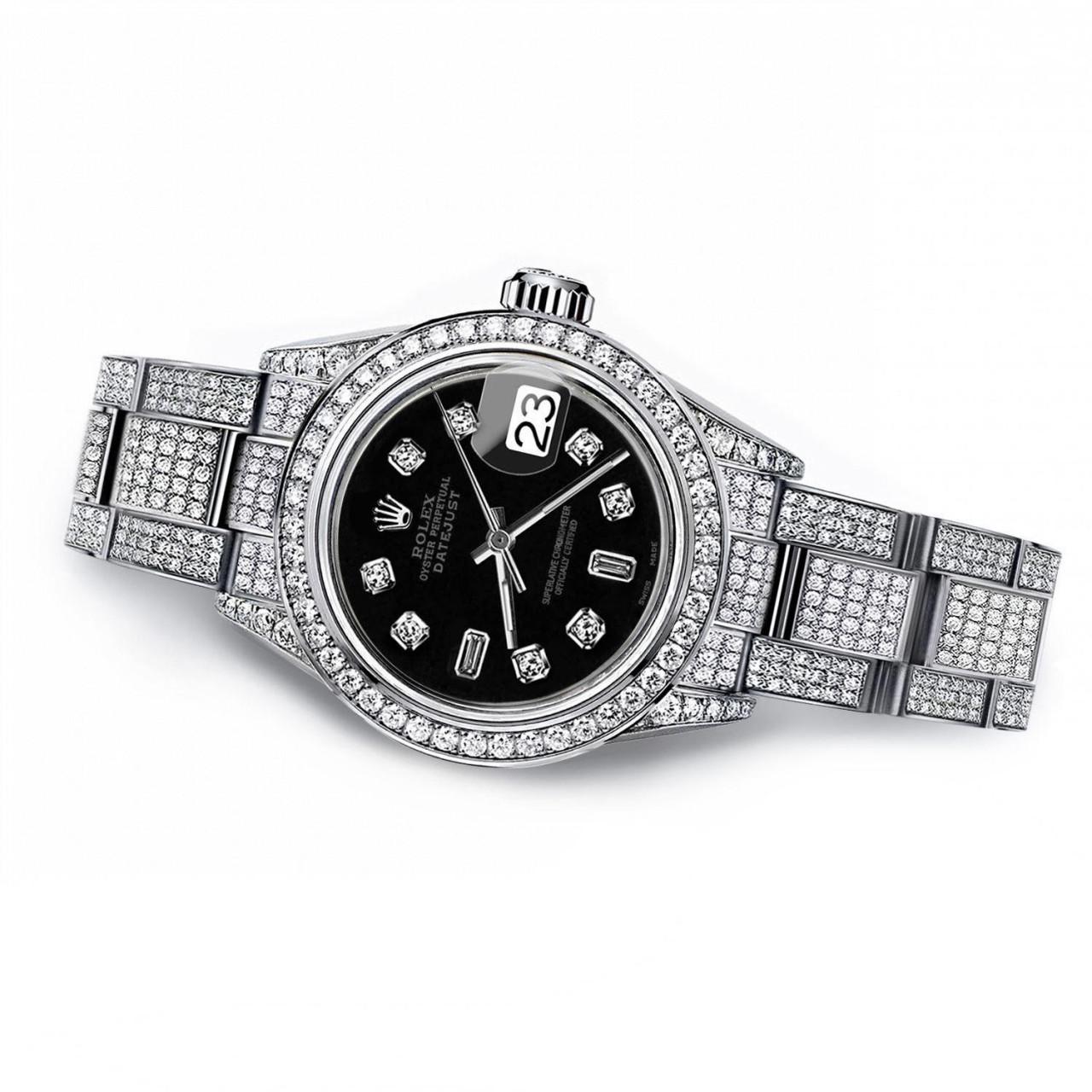 Taille baguette Rolex Montre Datejust noire et baguette, pour femmes, 31 mm, entièrement ornée de diamants, sur mesure en vente