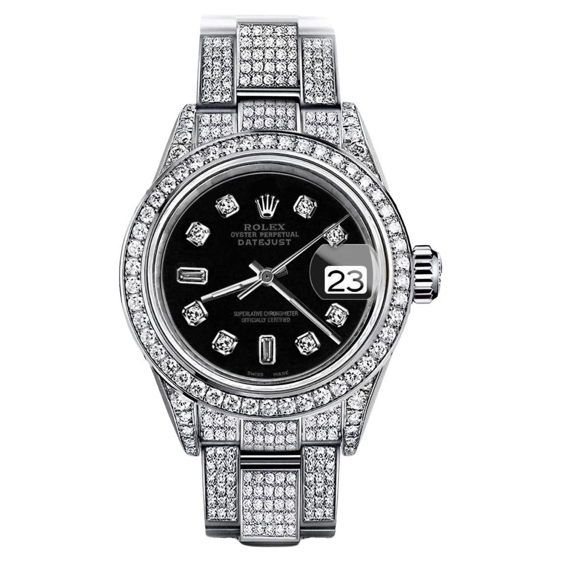 Rolex Montre Datejust noire et baguette, pour femmes, 31 mm, entièrement ornée de diamants, sur mesure en vente