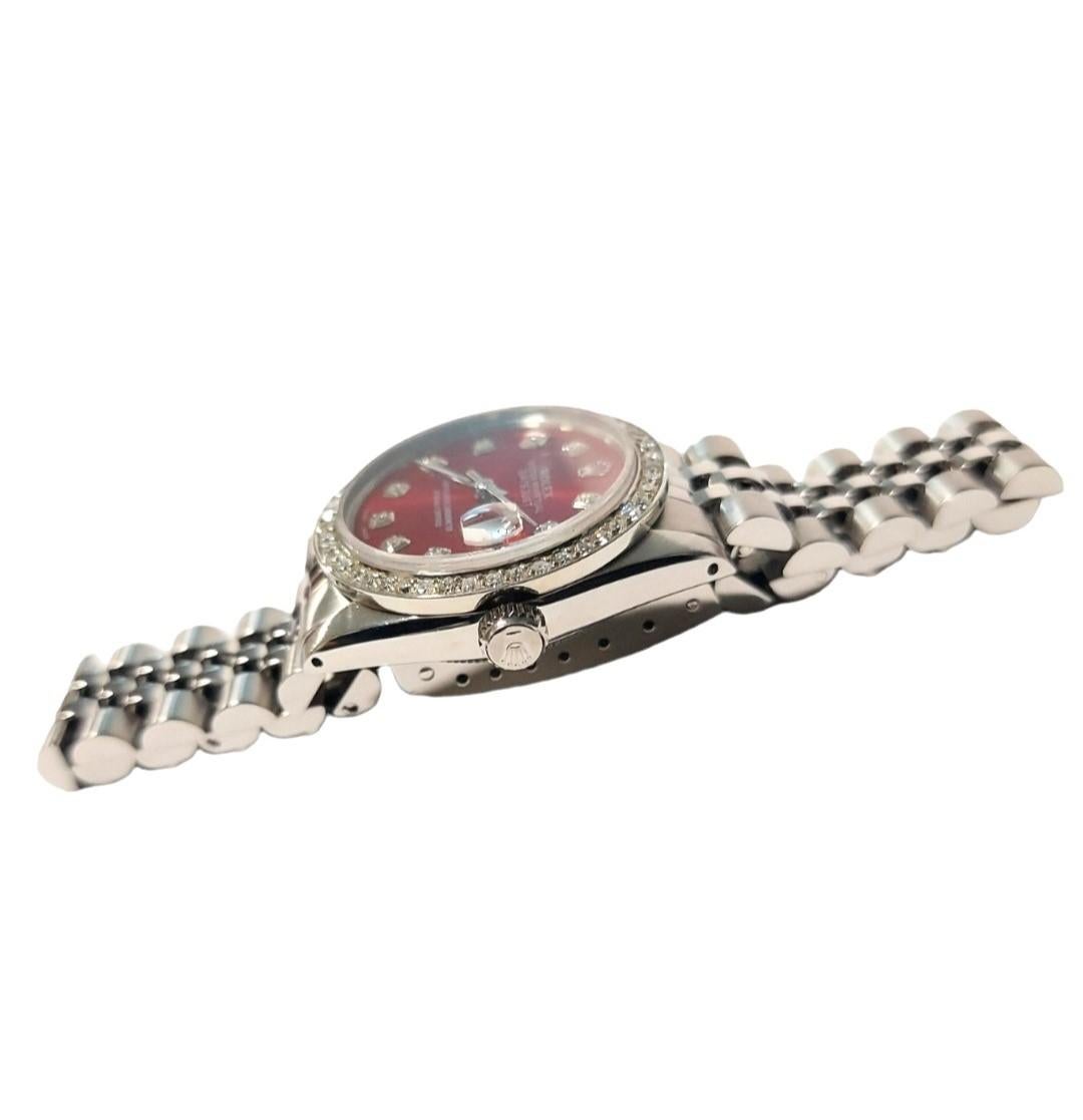 (Description)
Brand - Rolex
Model - 68274
Style - Datejust 
case size - 31mm 
Metals - stainless steel 
Bezel - custom 1,0CT Diamond
Dial - Custom Red diamond dial 
Crystal - Sapphire
Movement - Rolex auto Cal-2130
Band - steel jubilee 

3 Years