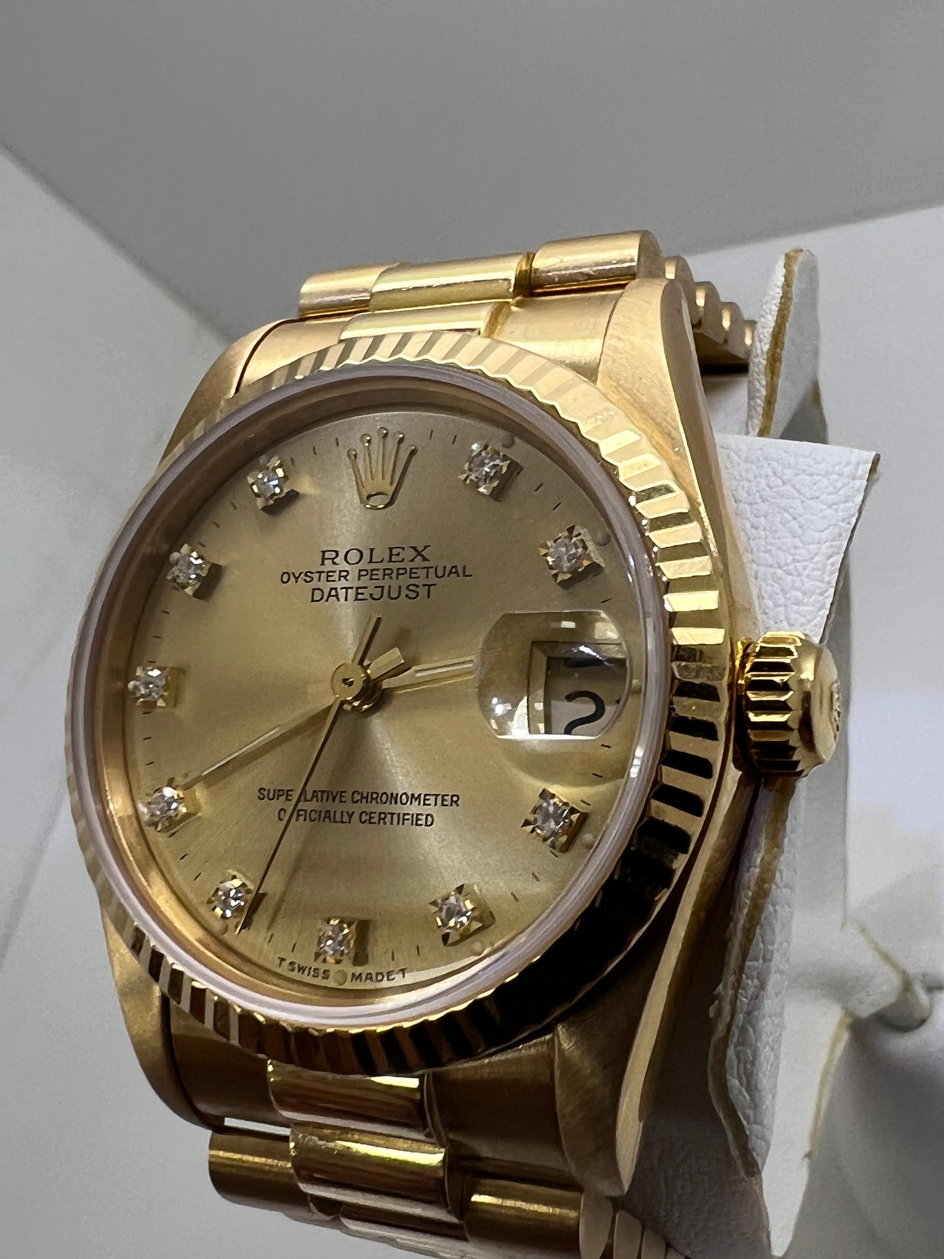 Rolex Ladies 31mm DateJust Gold Diamond Dial

excellent condition

This watch is 100% all original Rolex

Original Rolex Box & Booklets 

Shop With Confidence 

5 Year Warranty

