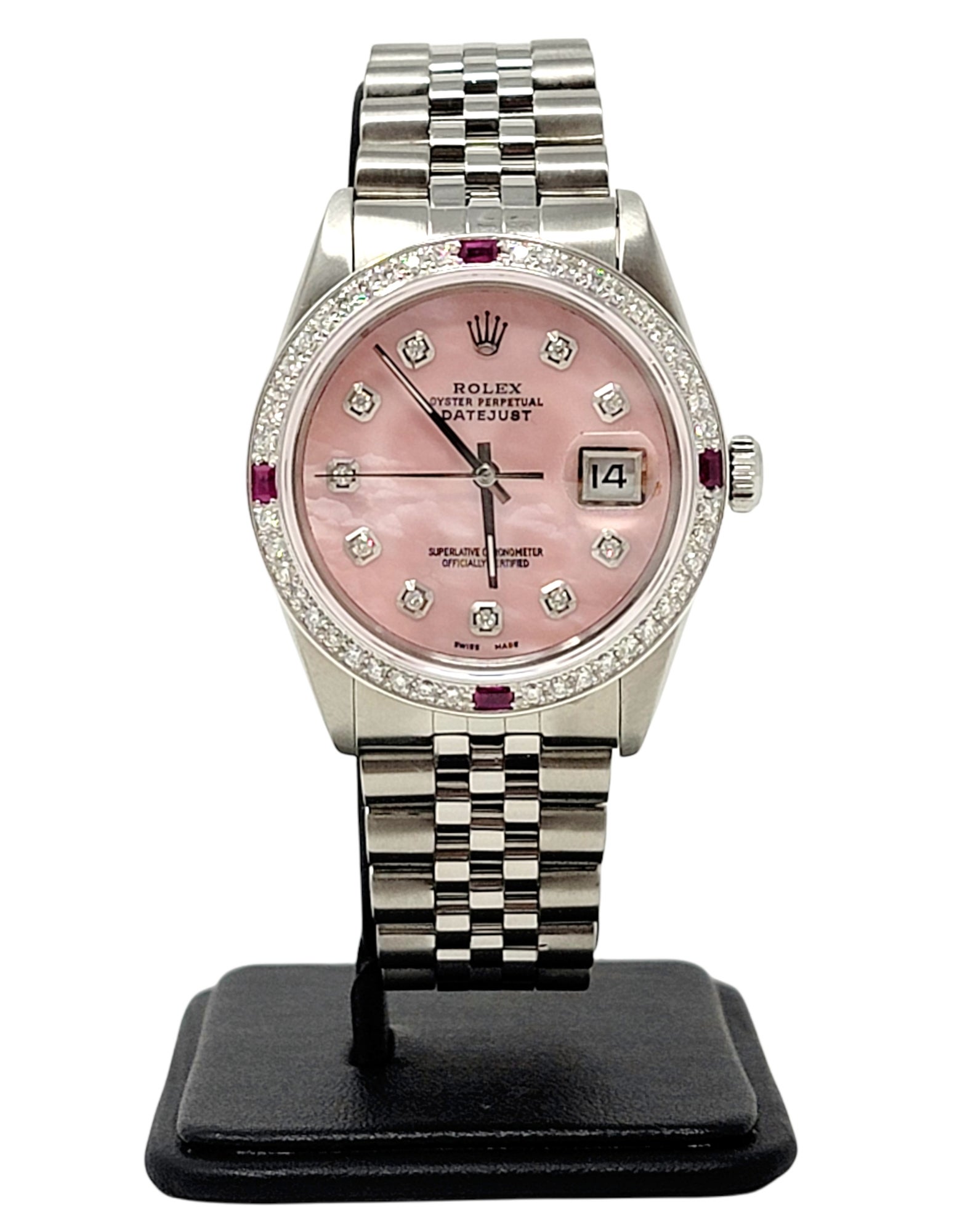 Contemporary Rolex Ladies Datejust Watch with Diamond and Ruby Bezel, Jubilee Bracelet