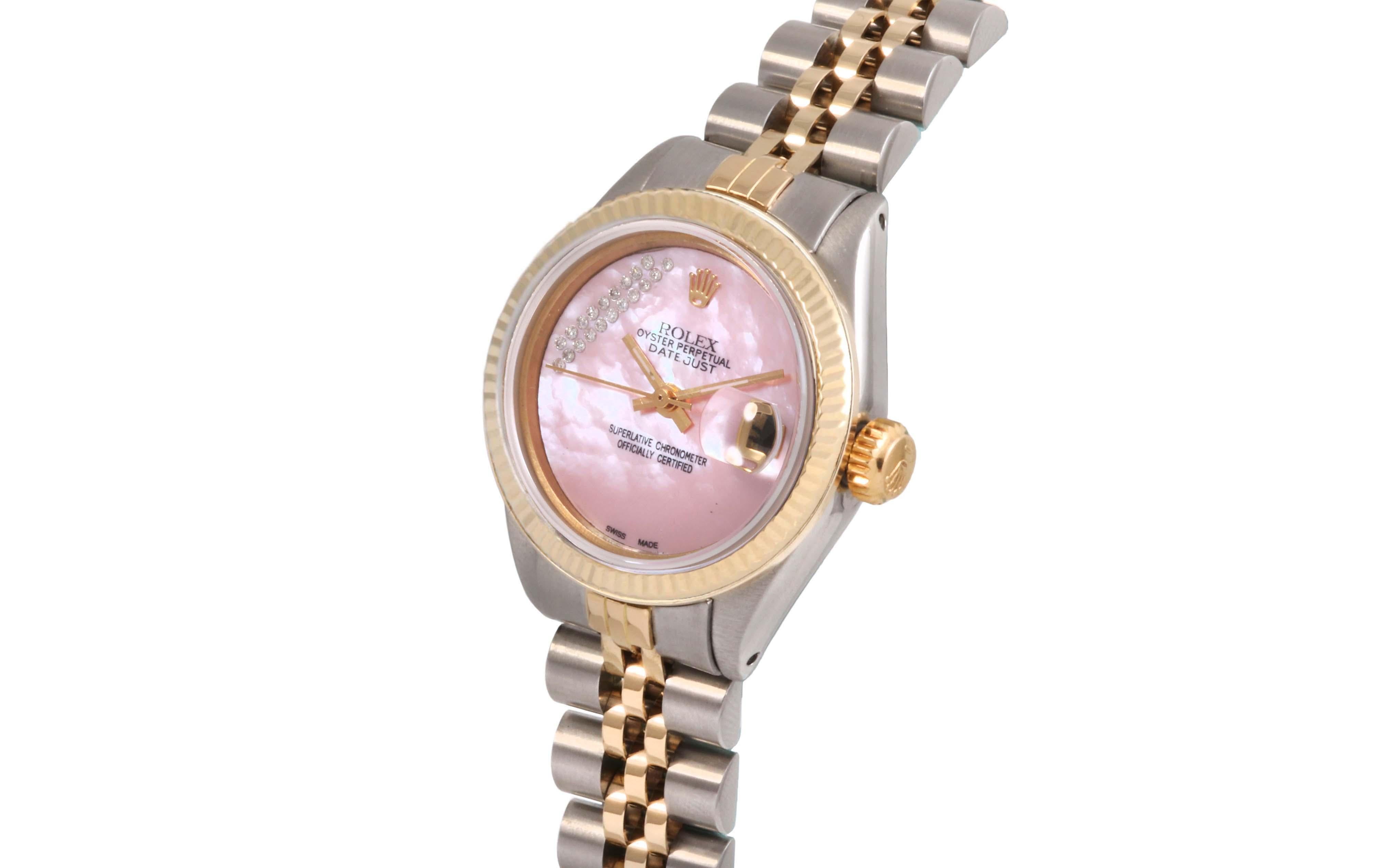 (Watch Description) 
Brand - Rolex
Gender - Ladies 
Model - 6917 Presidential
Metals - Yellow Solid Gold
Case size - 26mm
Bezel - Yellow gold Fluted
Crystal - Acrylic
Movement - Automatic Cal.2035
Dial - Refinished Pink MOP Diamond
Wrist band -