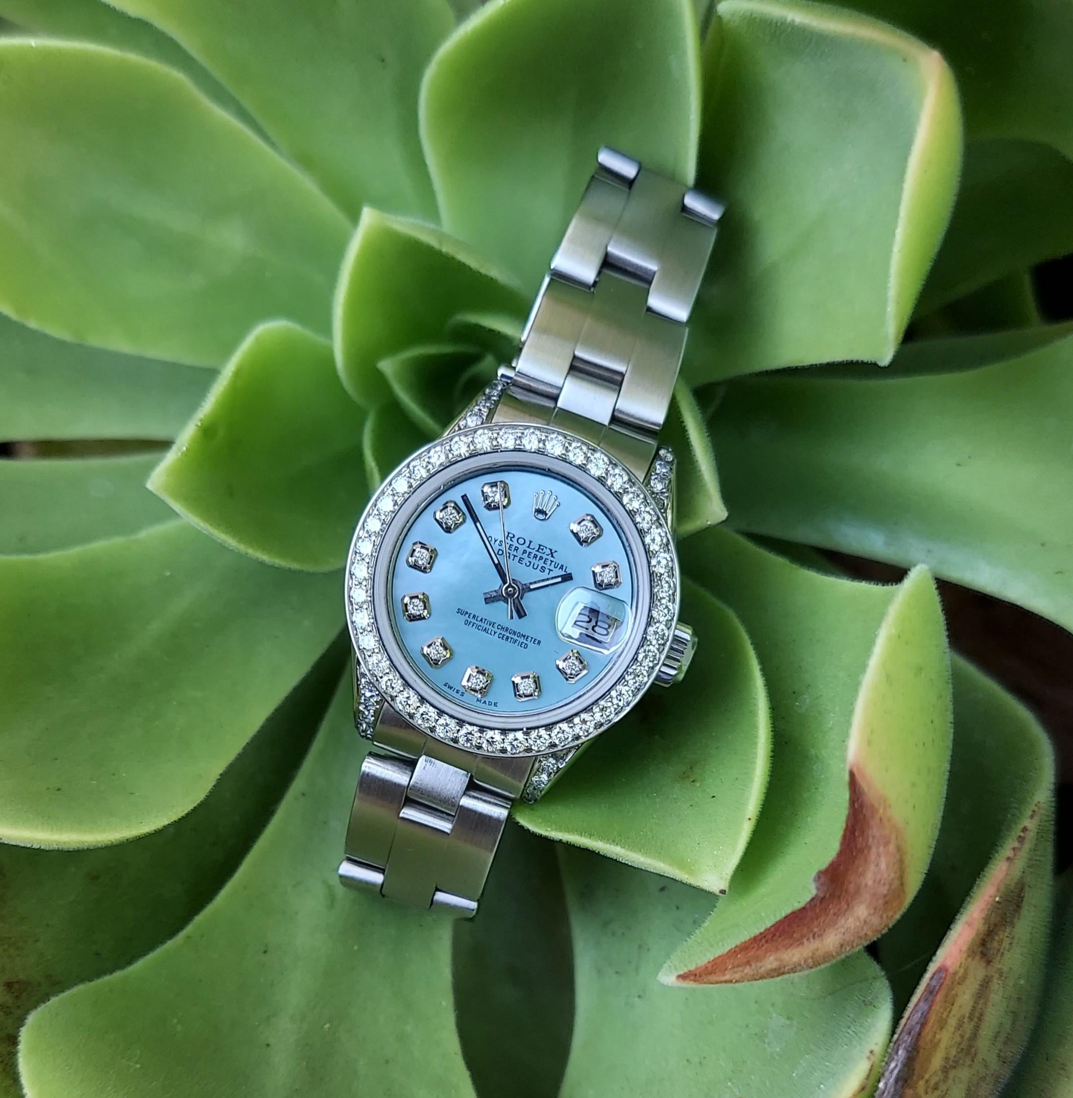 Rolex ladies 6919 Datejust Blue MOP Diamond oyster Steel  In Good Condition For Sale In San Fernando, CA