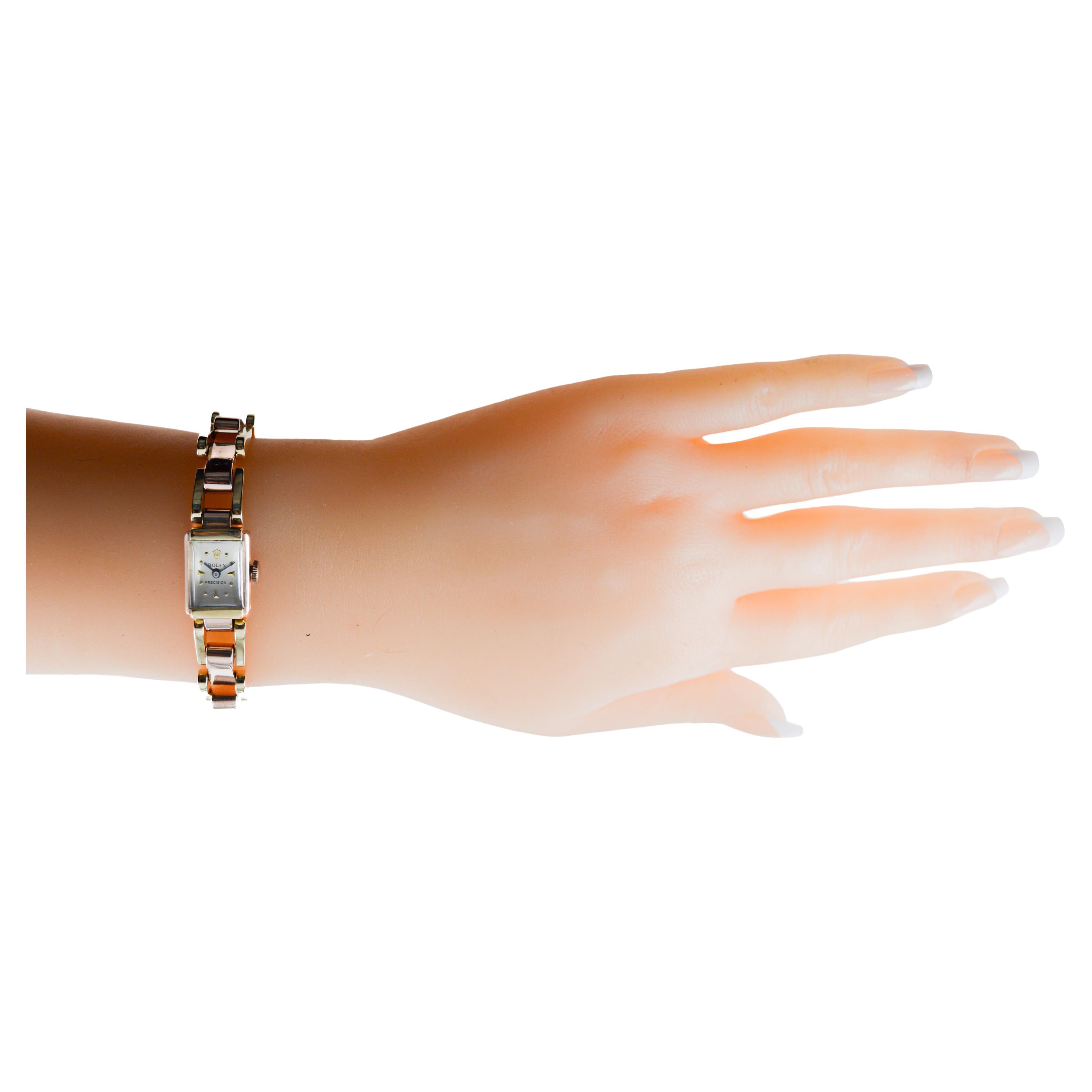 Raro reloj Rolex de señora Art Déco con brazalete de oro bicolor de 14 quilates, circa años 40 Art Decó en venta