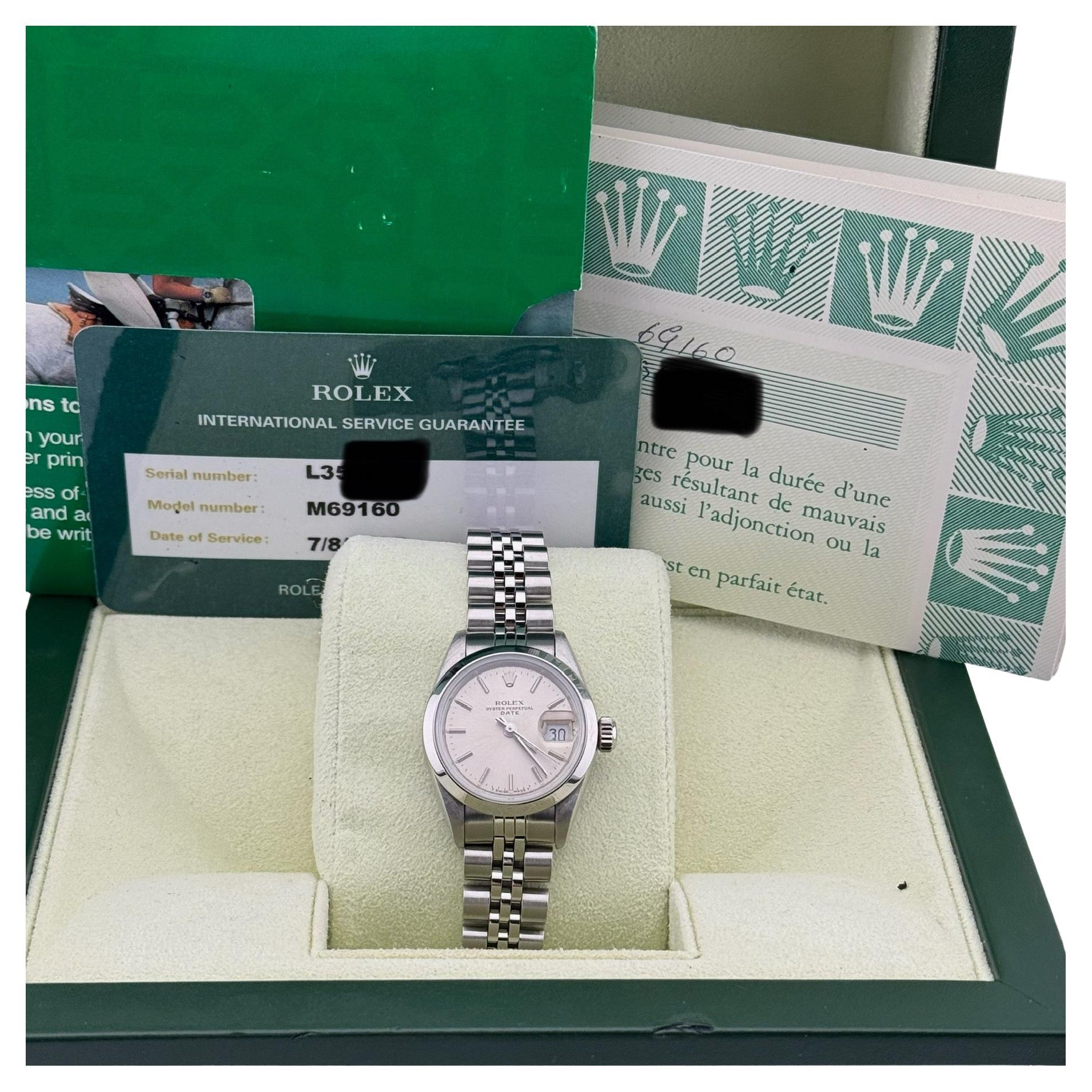 Rolex Ladies Date 69160 26mm Silver Dial Stainless Steel Box Papers Service Card