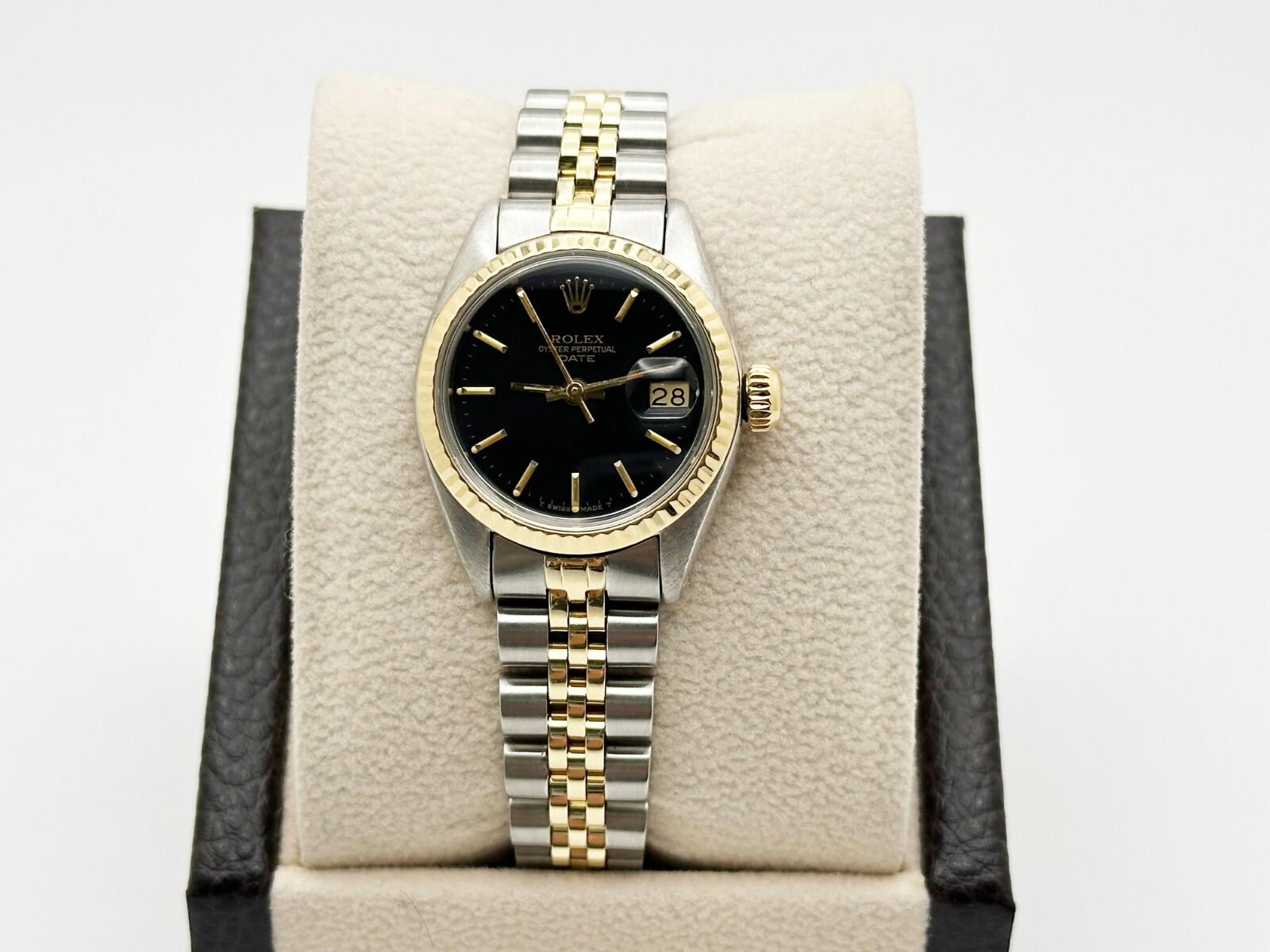 Women's Rolex Ladies Date 6917 Black Dial 14K Yellow Gold Stainless Steel Box Paper For Sale