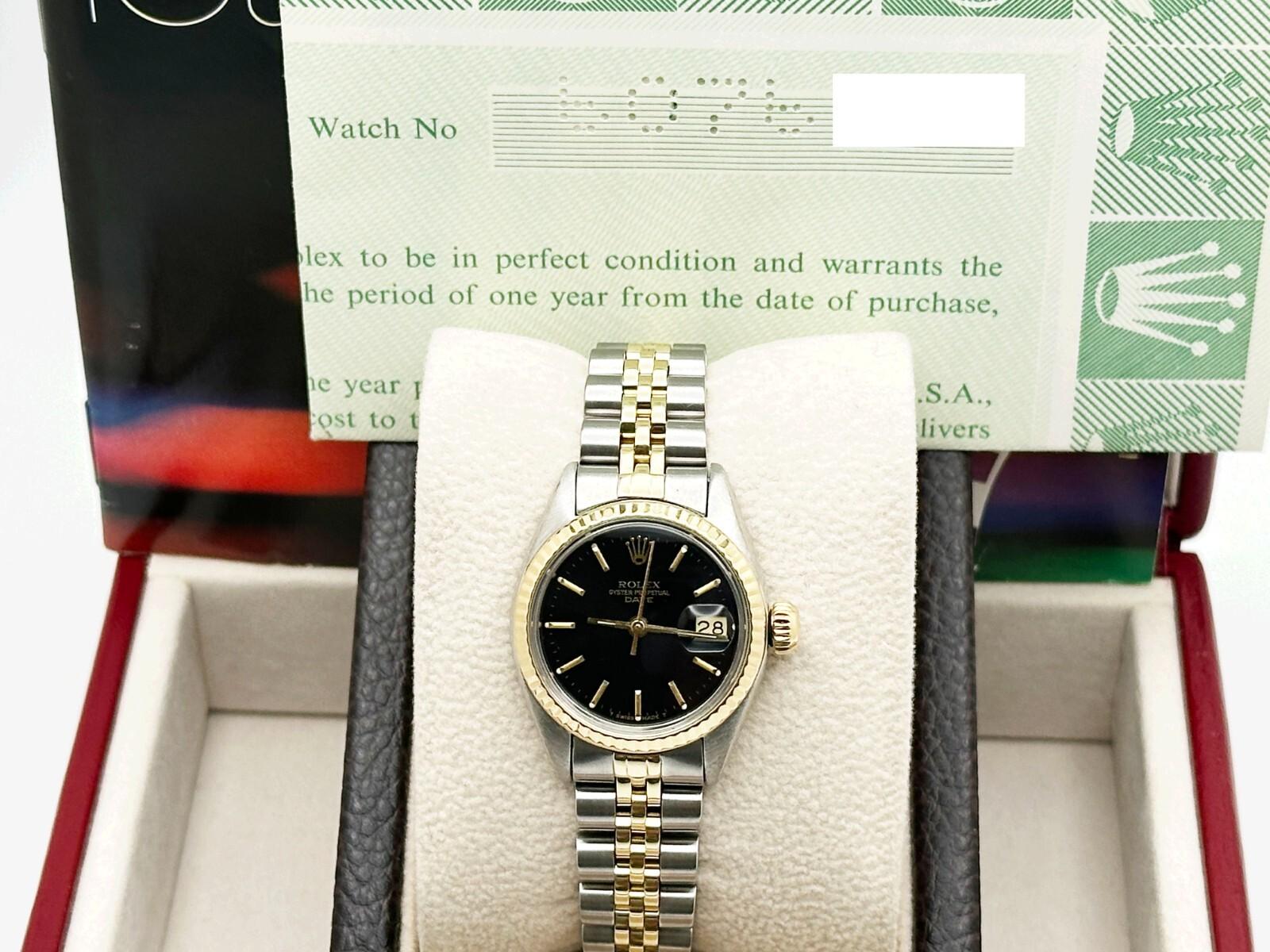 Rolex Ladies Date 6917 Black Dial 14K Yellow Gold Stainless Steel Box Paper For Sale 1
