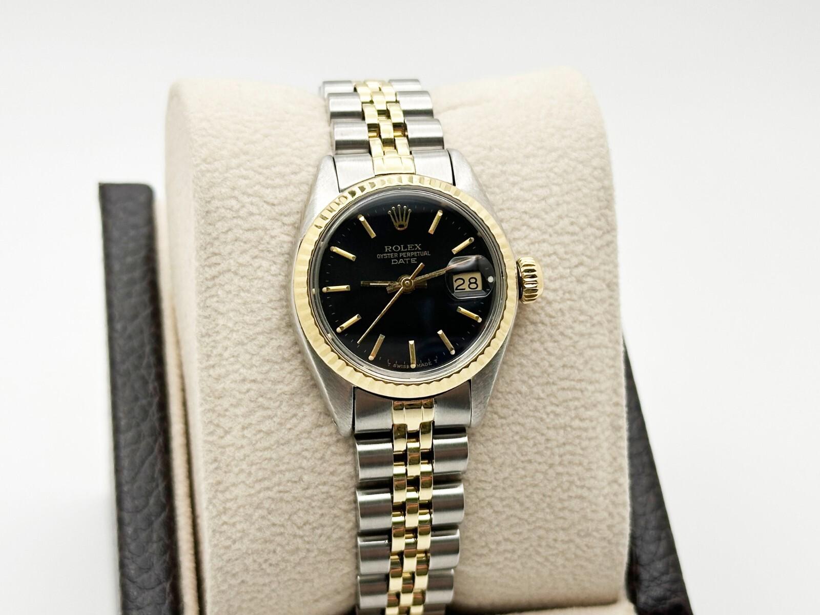 Rolex Ladies Date 6917 Black Dial 14K Yellow Gold Stainless Steel Box Paper For Sale 2