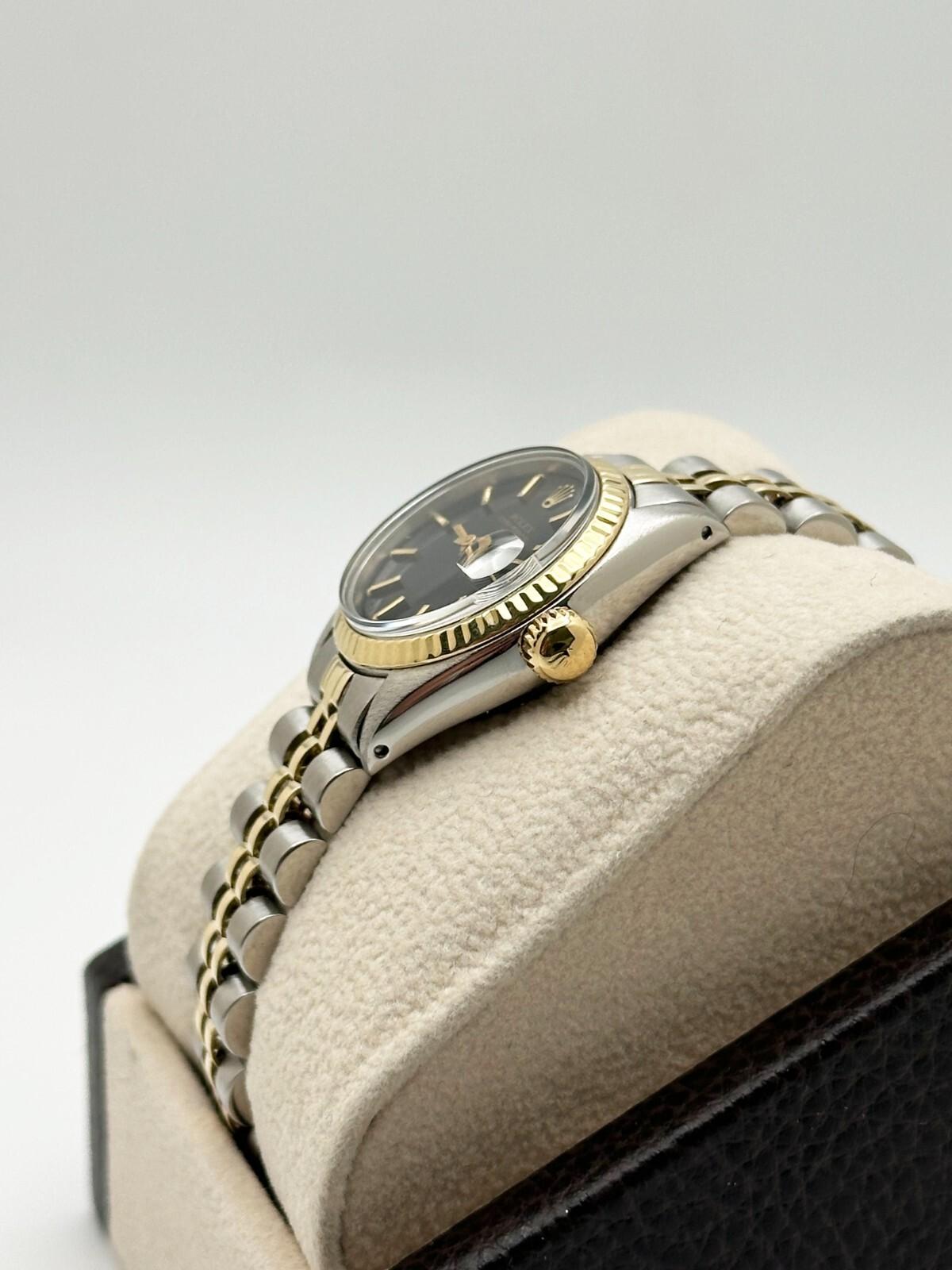 Rolex Ladies Date 6917 Black Dial 14K Yellow Gold Stainless Steel Box Paper For Sale 4
